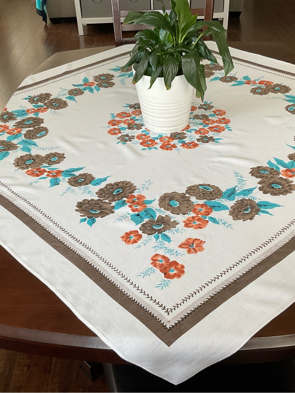 Floral Vintage Tablecloth in White with Orange & Teal Accents